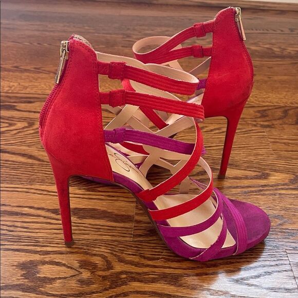 Jessica Simpson Strappy Red and Purple Faux Suede Heels Size 9.5 - Picture 6 of 12